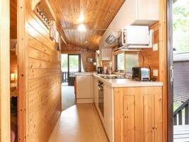A wooden cabin interior with a kitchen area, including a stove, sink, and a microwave.