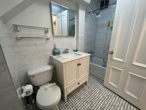 Chuveiro, secador de cabelo, toalhas de banho, papel higiênico