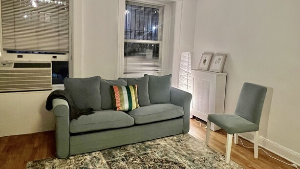 Ein Wohnzimmer mit grauem Sofa, einem gemusterten Teppich, einem grauen Sessel und zwei Fenstern mit Jalousien.