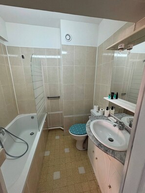 Hair dryer, towels, soap, toilet paper