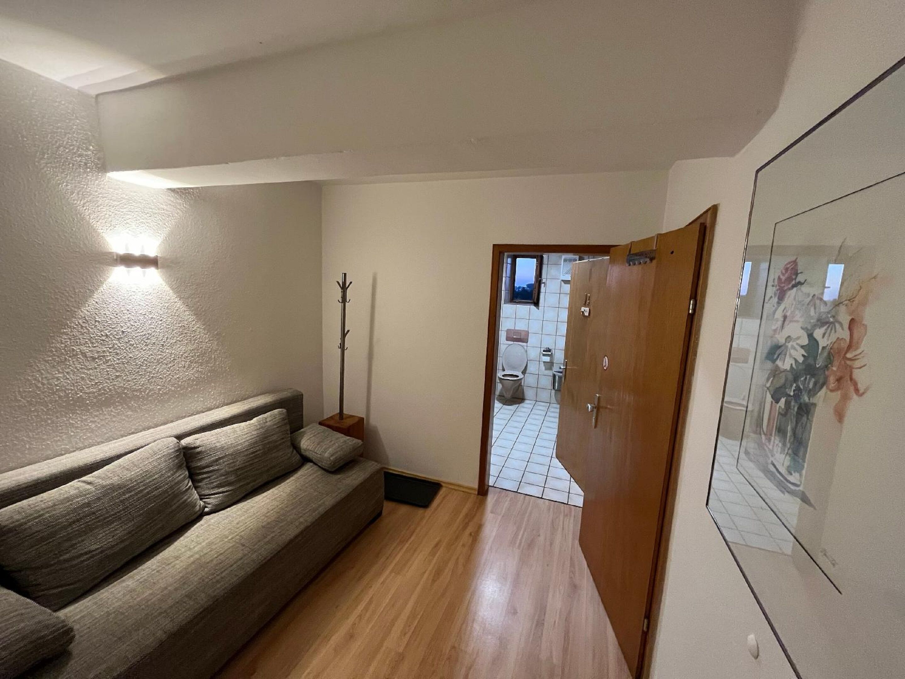 A living room with a sofa, a coat rack, and a door leading to a bathroom.