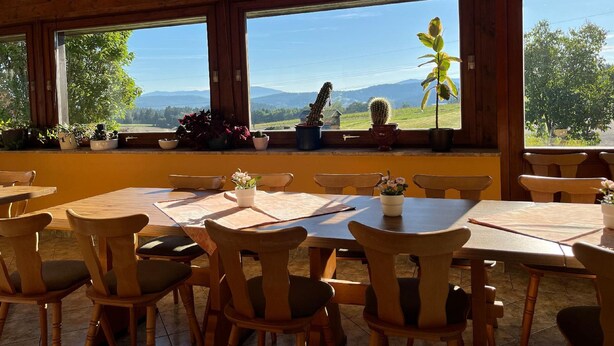 A dining area with wooden tables and chairs, large windows with a view of mountains and greenery, and potted plants on the windowsill. - Landgasthof Blasini - Pfahlhof (Zandt)