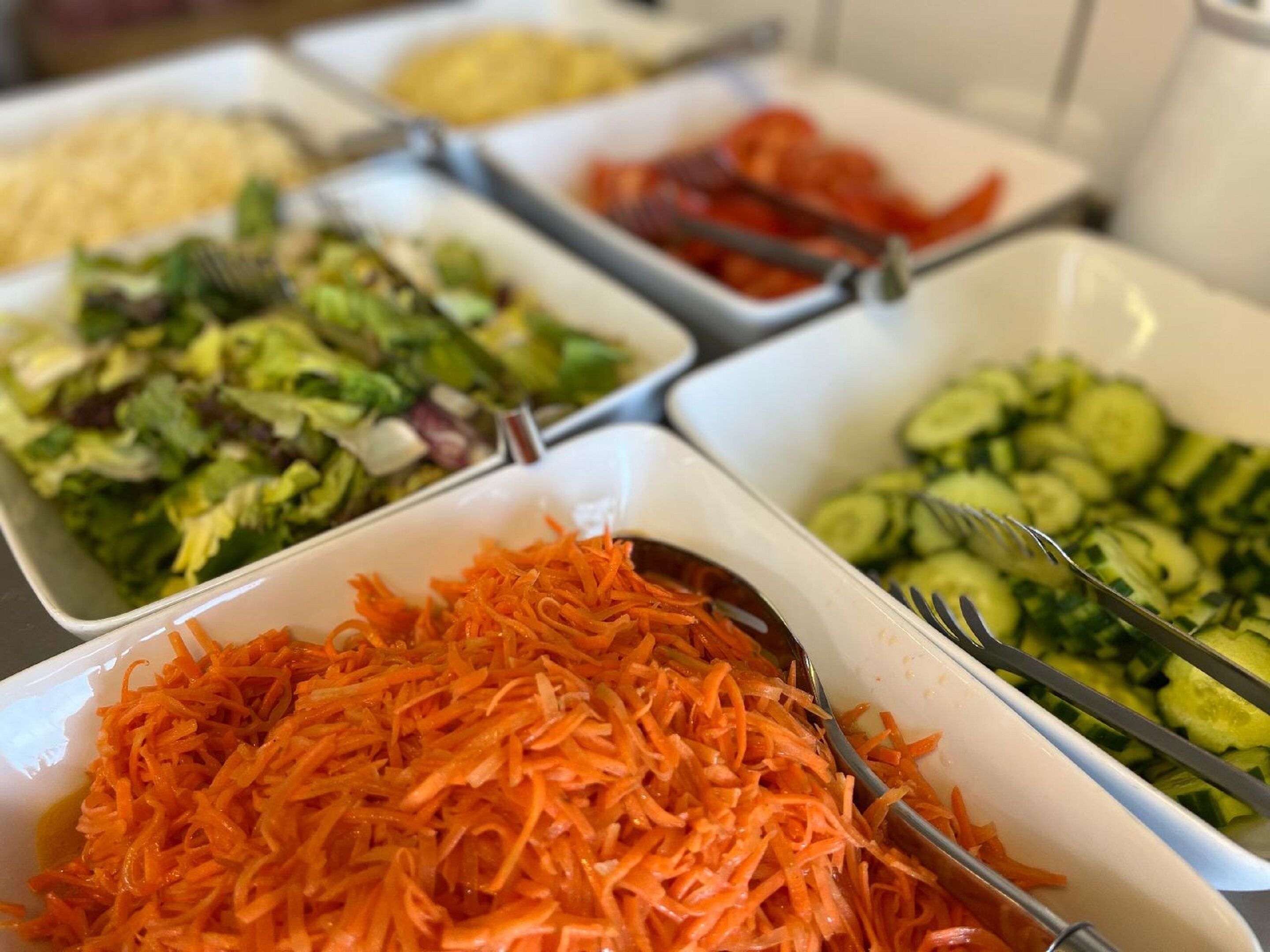 A buffet with various dishes including a salad, shredded carrots, and sliced cucumbers.