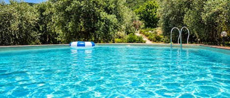 Ein klares, blaues Schwimmbecken mit einem darin treibenden Ring, umgeben von üppiger Vegetation und einer hügeligen Landschaft.