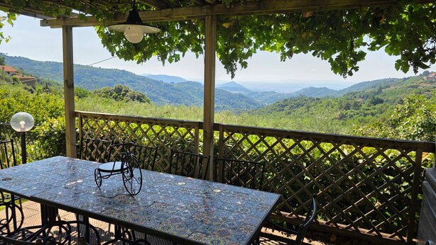 A covered outdoor seating area with a table and chairs, a pergola with hanging vines, and a view of rolling hills. - Shaleo, Private Pool & Jacuzzi, Marliana (Marliana)
