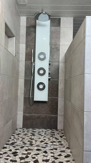 Enjoy a refreshing shower experience with a wall-mounted showerhead and handheld attachment.