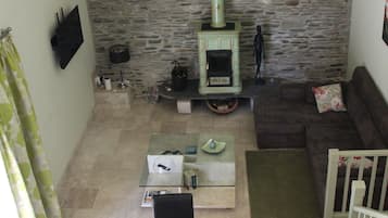 TV connectée, cheminée, lecteur de DVD, livres