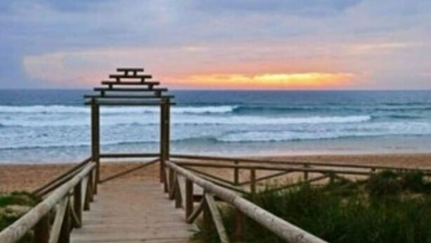 Un camí de fusta que condueix a una platja, amb una construcció de fusta al final.