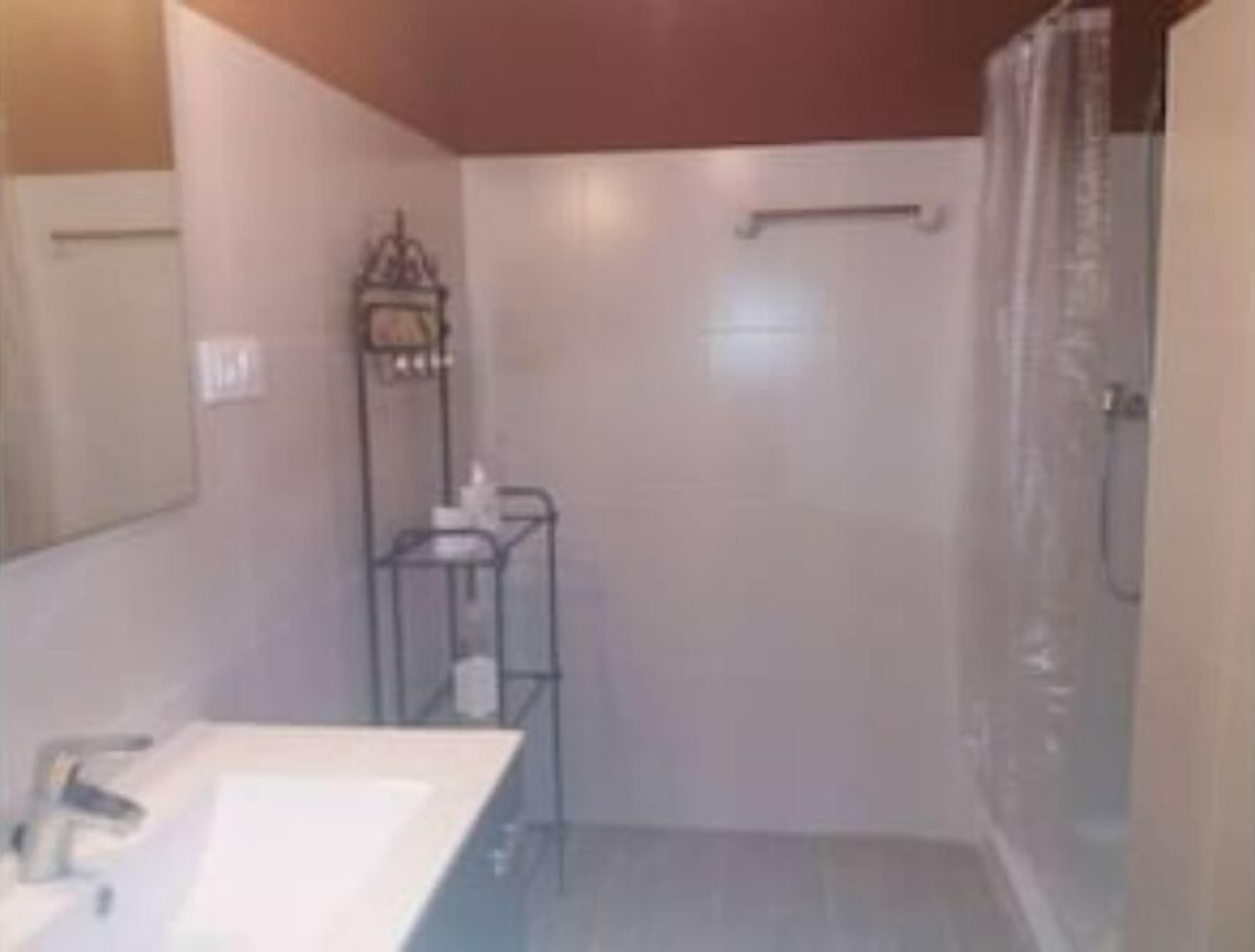 Une salle de bain avec un lavabo blanc, une douche et des toilettes.