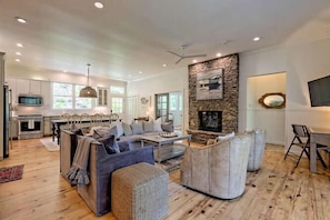 Smart TV, fireplace, foosball, books