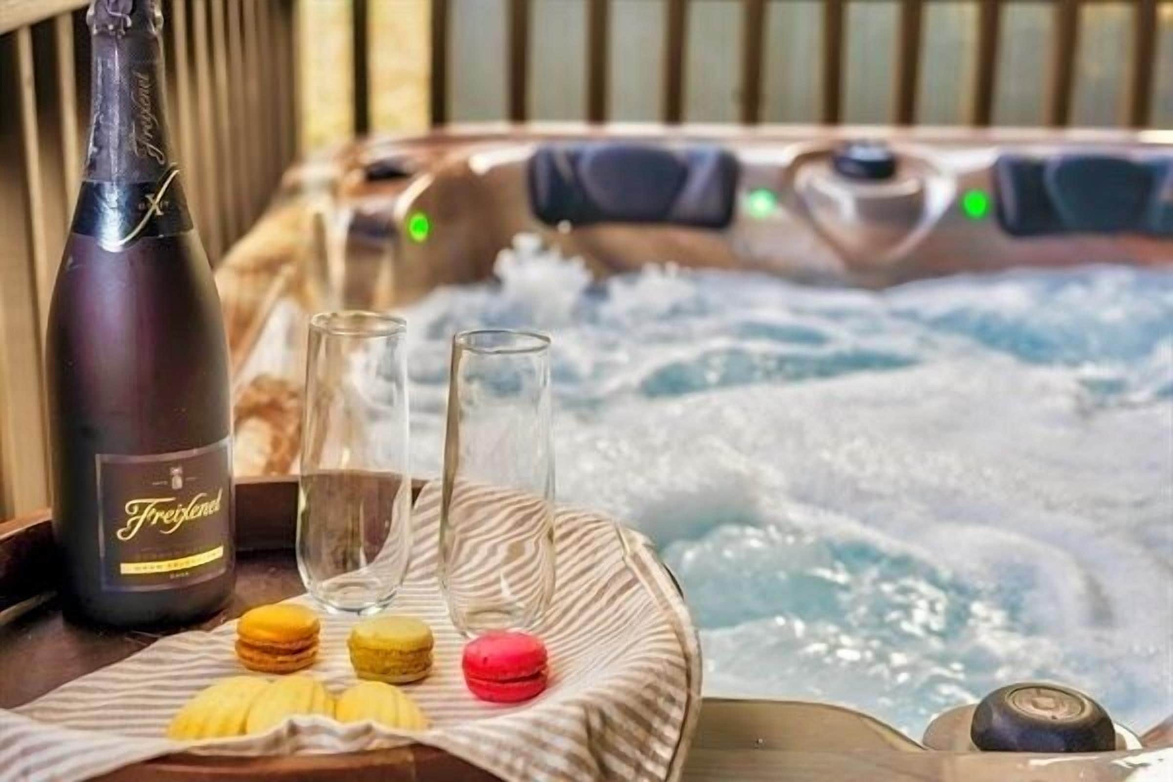 Wake up and enjoy the peaceful stillness of the mountain mornings. Slip into the bubbling warmth as the world around you quiets. The air is crisp, your glass of champagne sparkles beside you, and for a moment, it feels like time stands still.