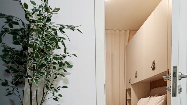 Un dormitorio pequeño con una cama, una mesita de noche con una planta, una pequeña mesa con una cesta y una planta en maceta contra la pared.