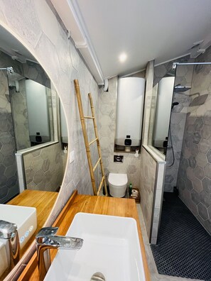 Shower, hair dryer, towels, toilet paper