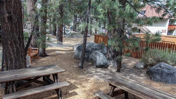 Un área de picnic con bancos de madera y una hamaca, rodeada de árboles y rocas.
