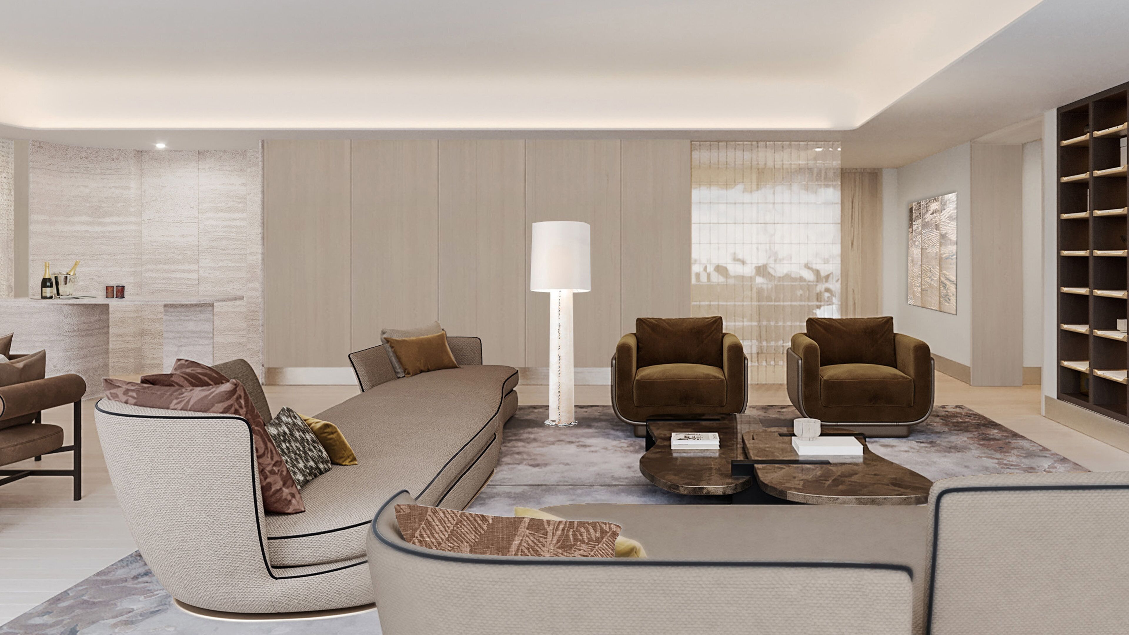 A modern living room with a sofa, two armchairs, a coffee table, a floor lamp, and a bookshelf.