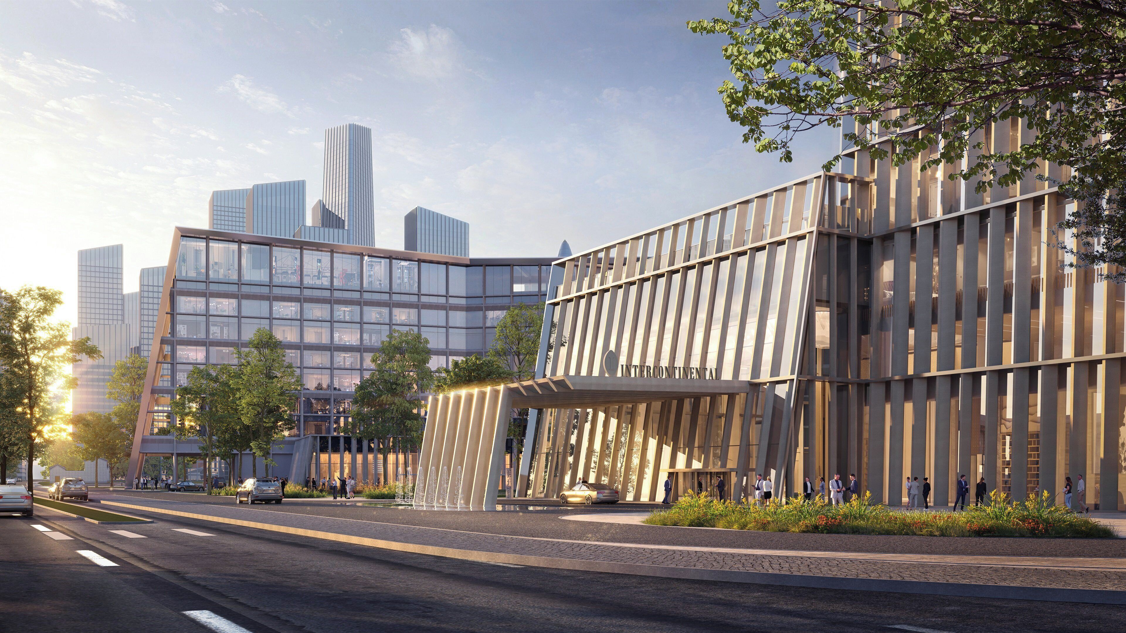 Un edificio moderno con fachada de vidrio y un diseño estructural único.
