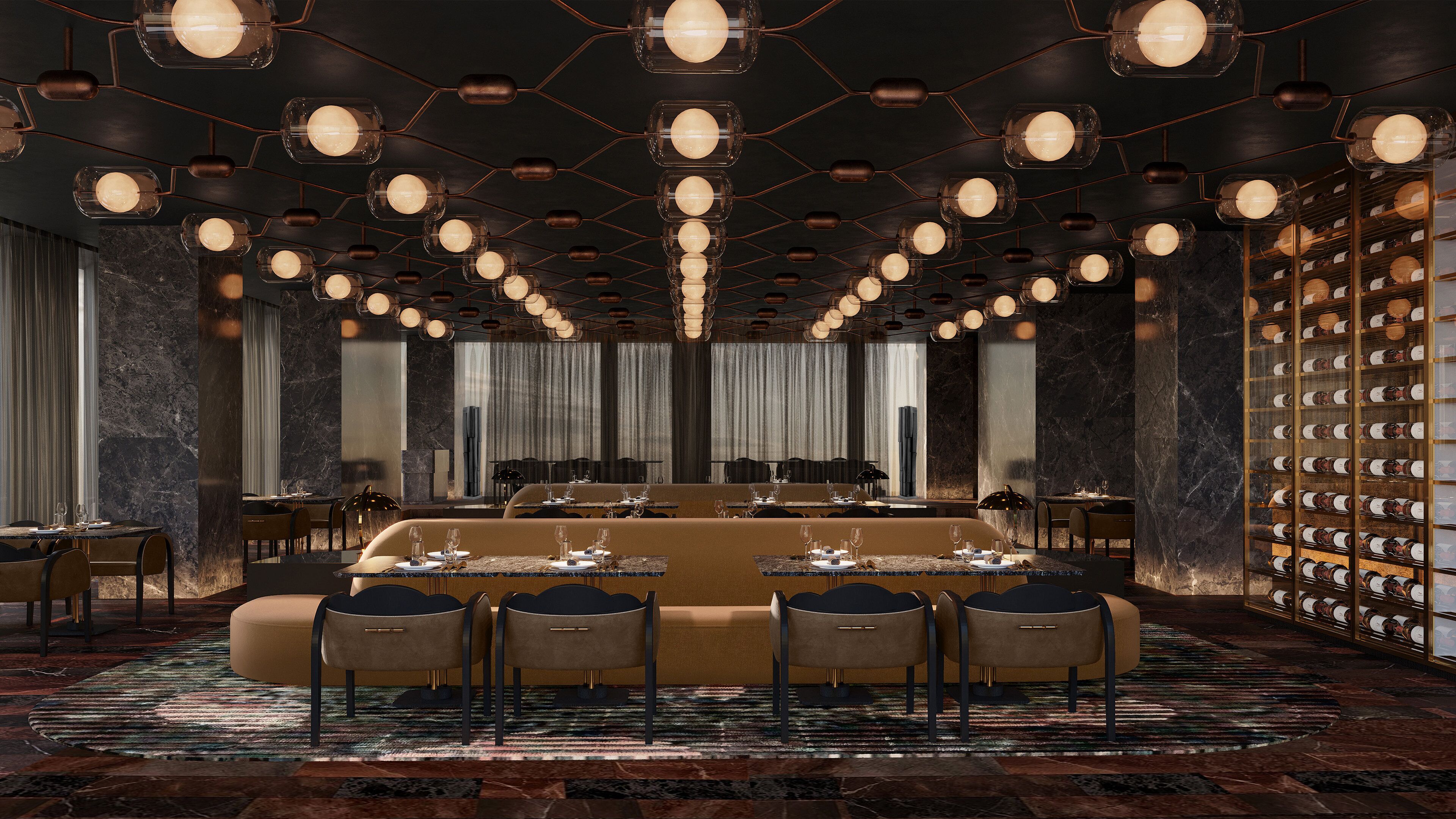 A spacious dining area with a long table, multiple chairs, and a wine rack on the right.