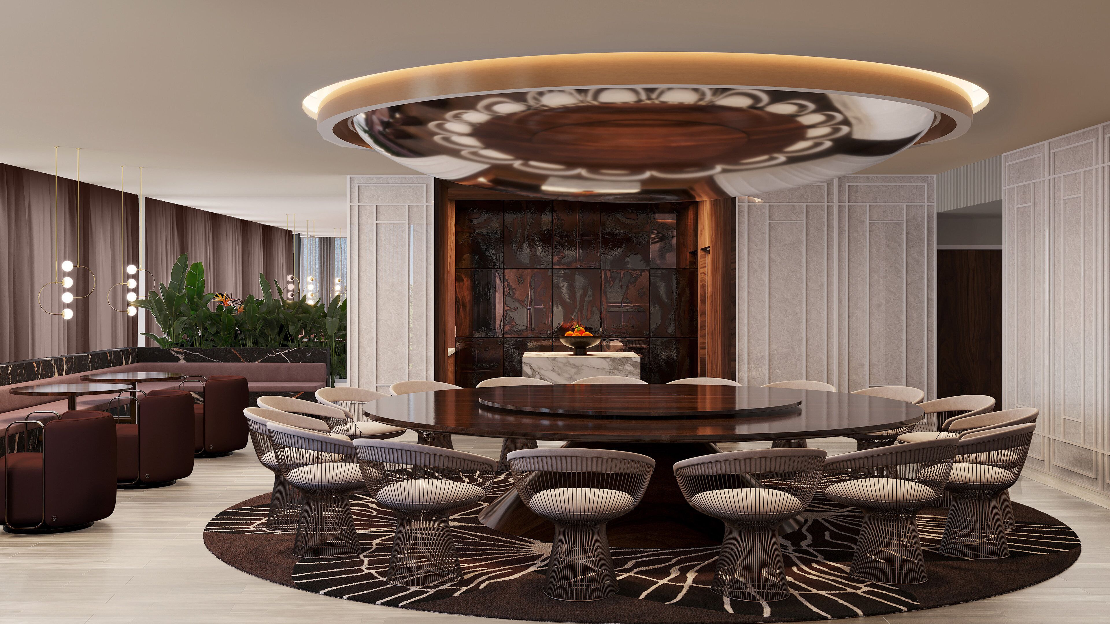 Uma área de jantar moderna com mesa redonda, várias cadeiras e uma peça decorativa central.
