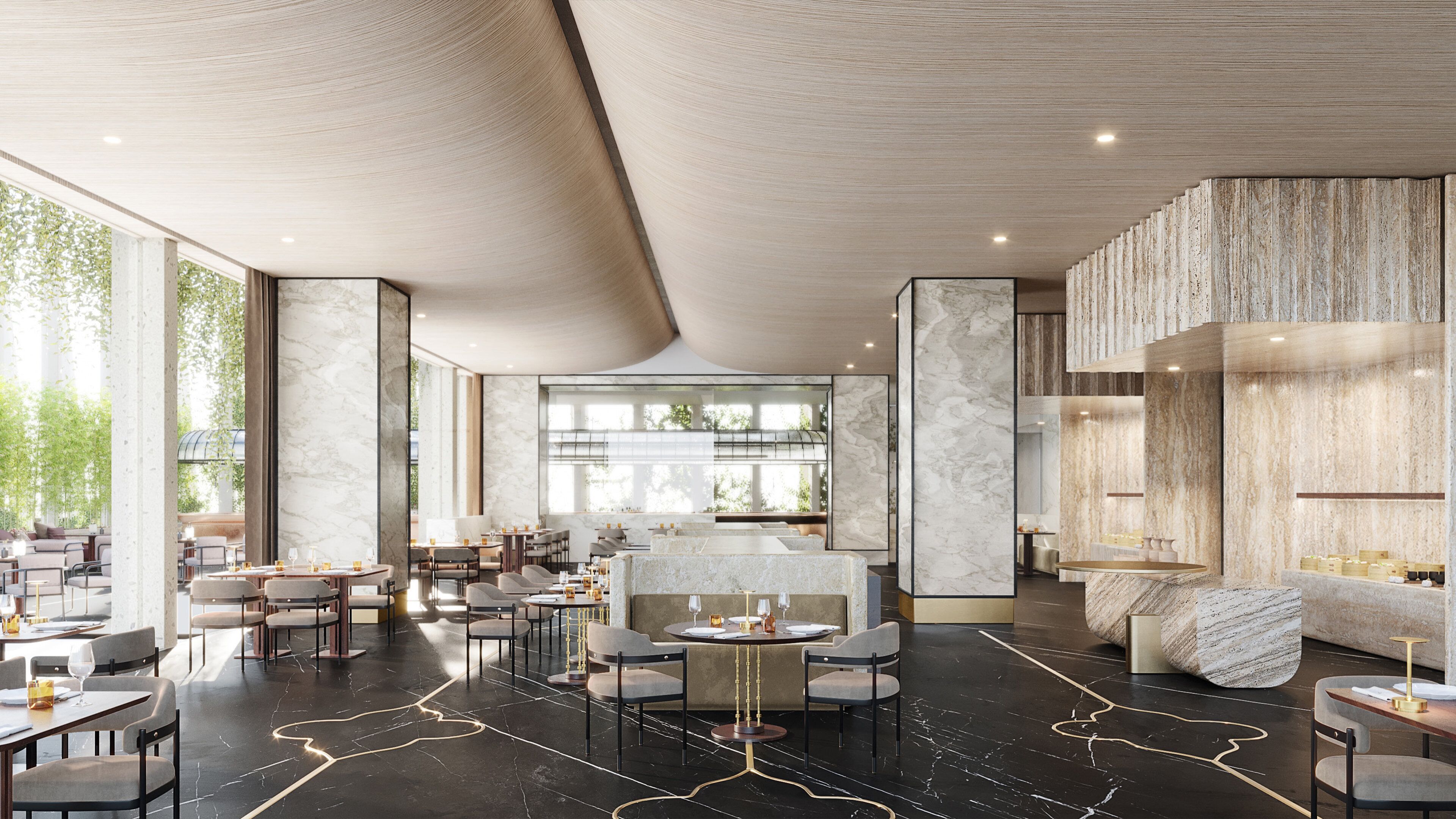 A spacious hotel lobby with a central bar, seating areas, and large windows offering views of greenery.