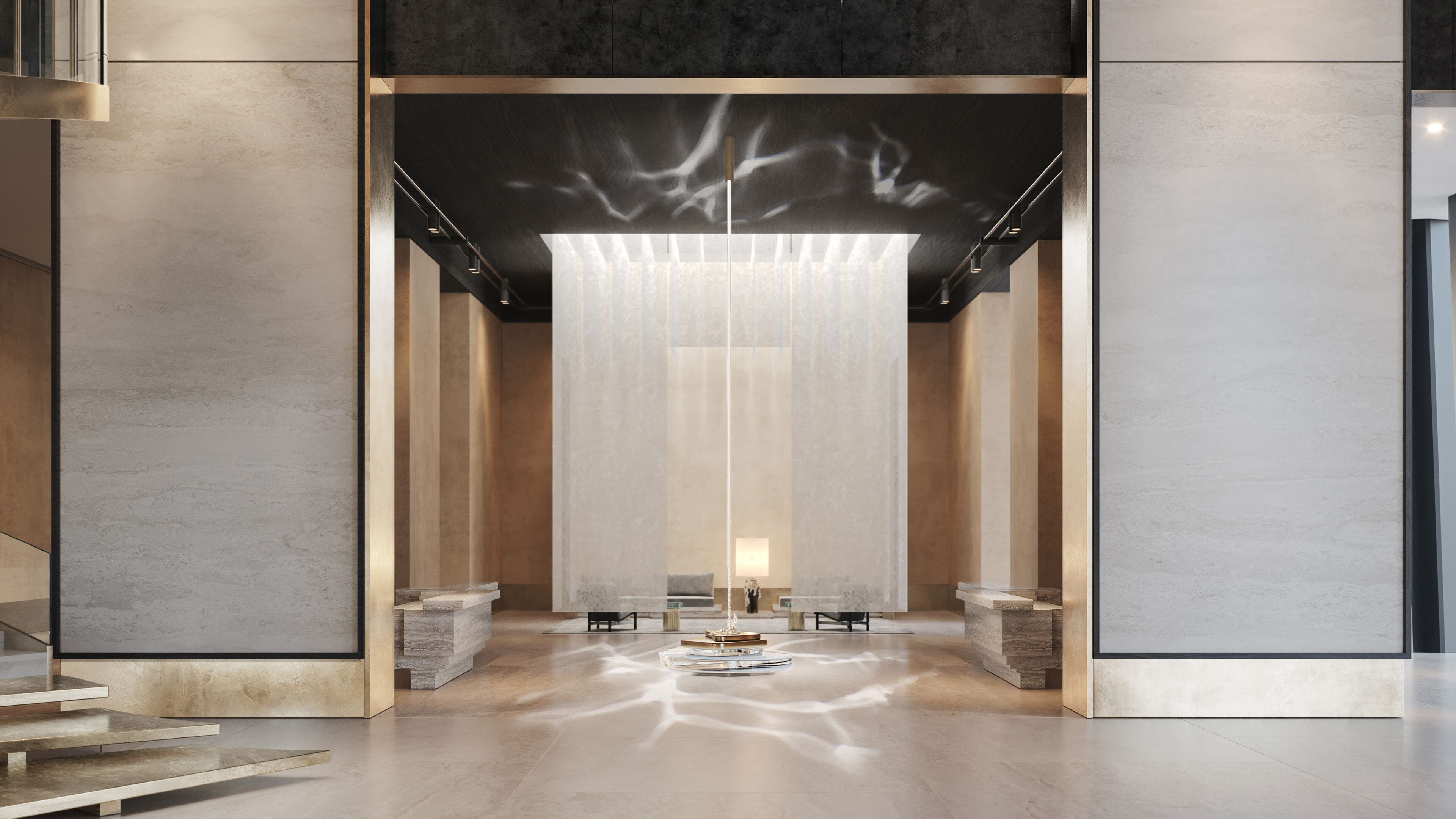 A modern interior with a central light fixture, a staircase, and a reception desk.