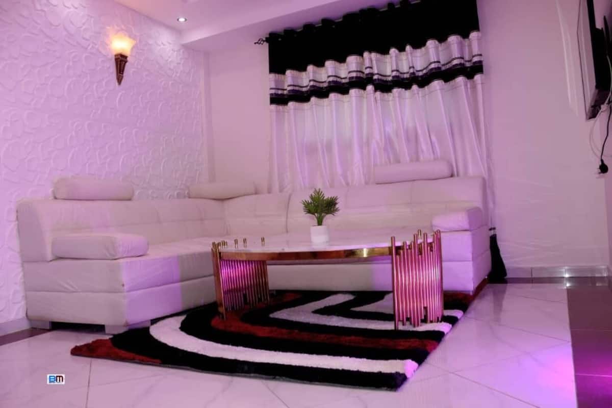 A modern living room with a white sofa, a small table with a plant, and a black and white rug.