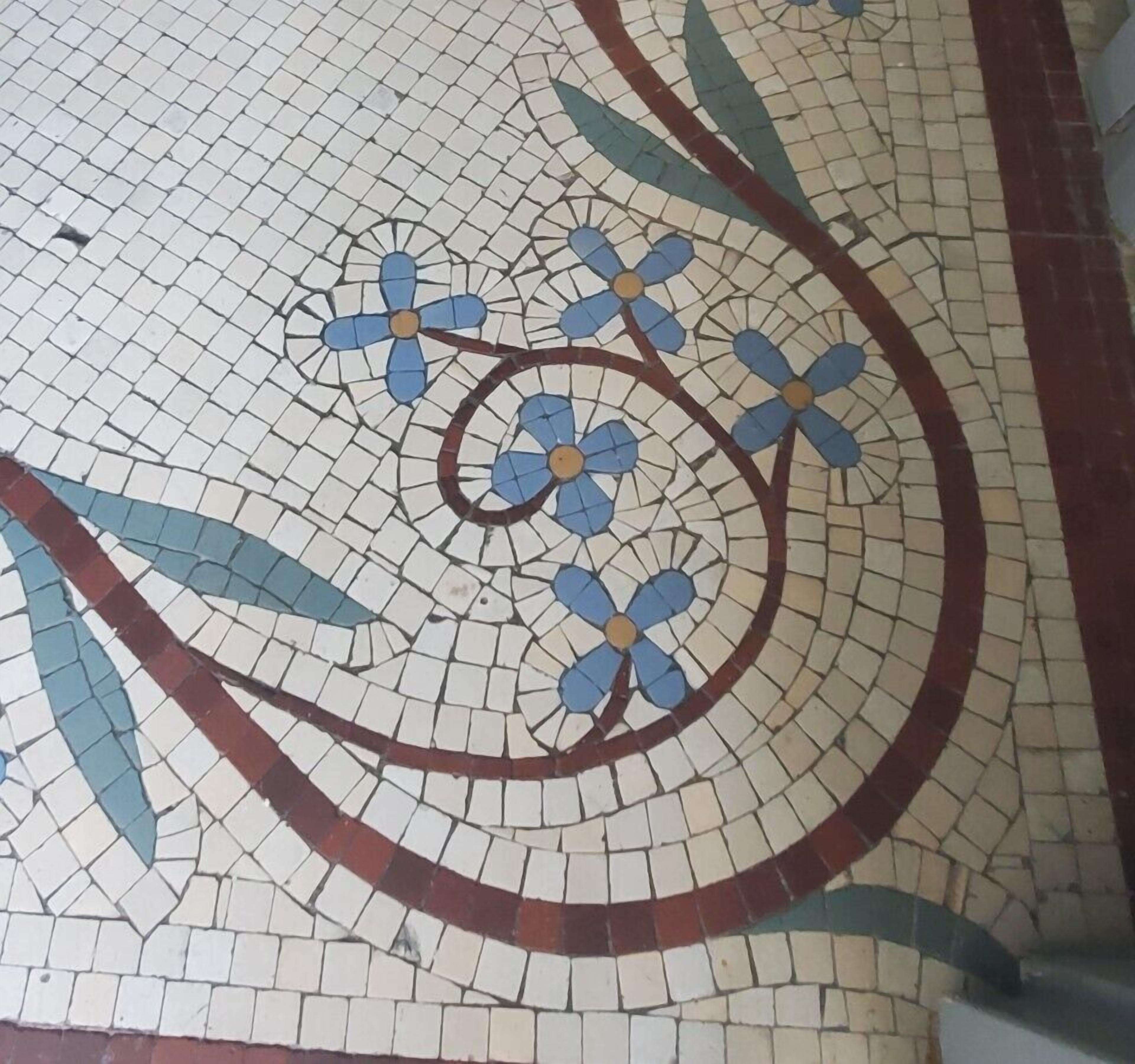 A mosaic floor with floral patterns and a circular design.
