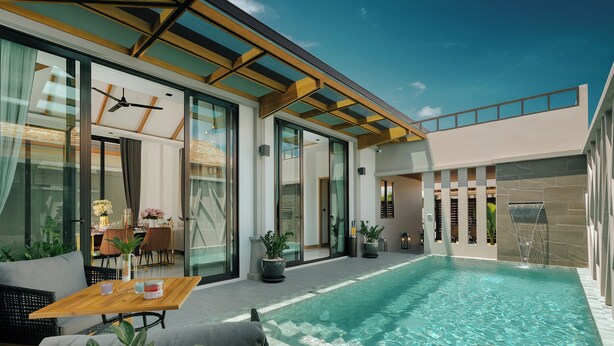 A modern pool area with a glass-enclosed patio, outdoor furniture, and potted plants. - Rawayana Villas (Rawai)