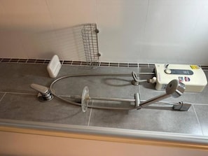 Hair dryer, towels, soap, toilet paper