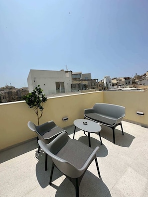 A rooftop terrace with outdoor furniture, a small table, and a potted plant.
