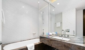 Combined shower/tub, hair dryer, towels
