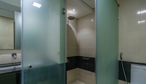 Combined shower/tub, hair dryer, towels