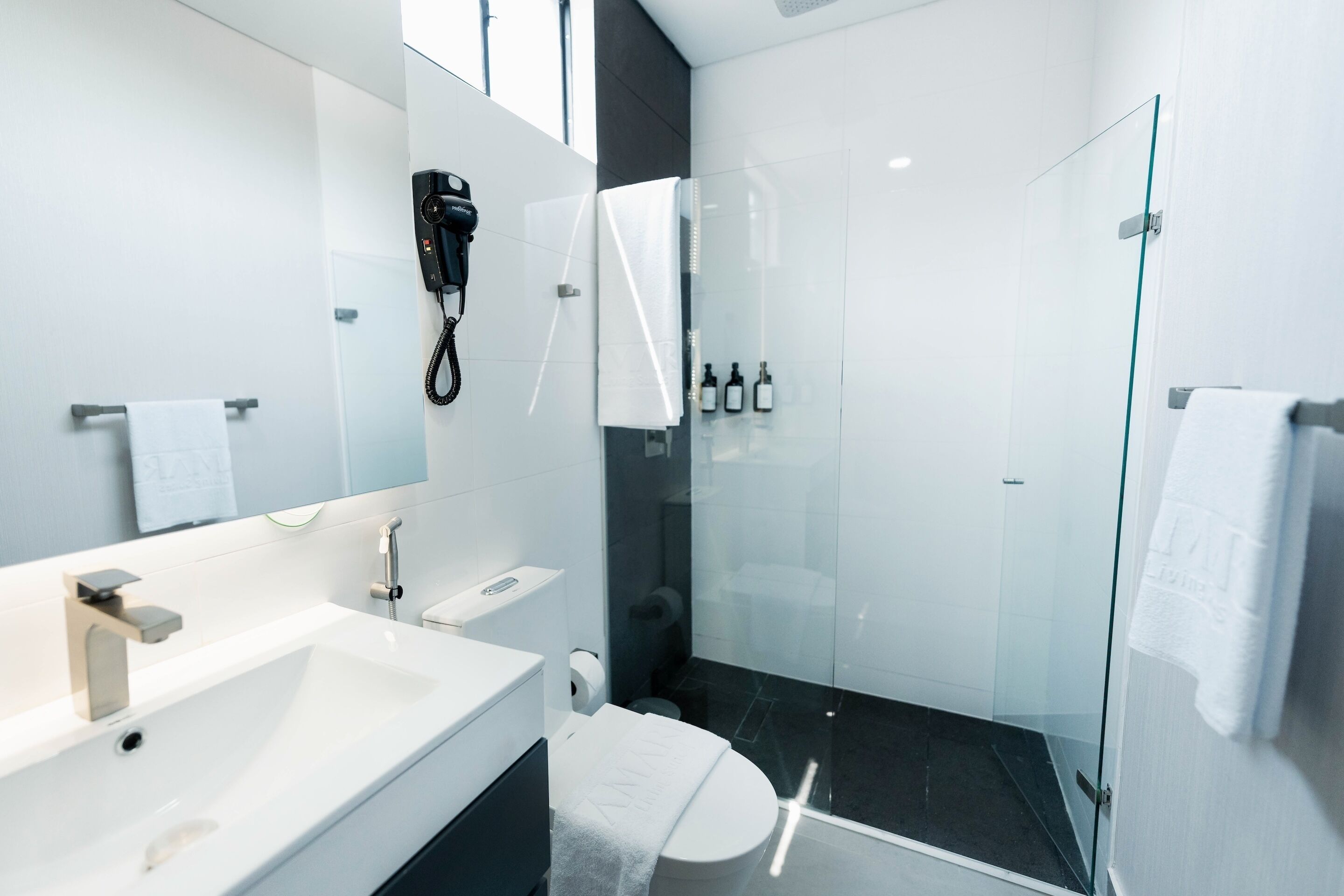A modern bathroom with a large sink, a toilet, a glass shower enclosure, and a hairdryer mounted on the wall.