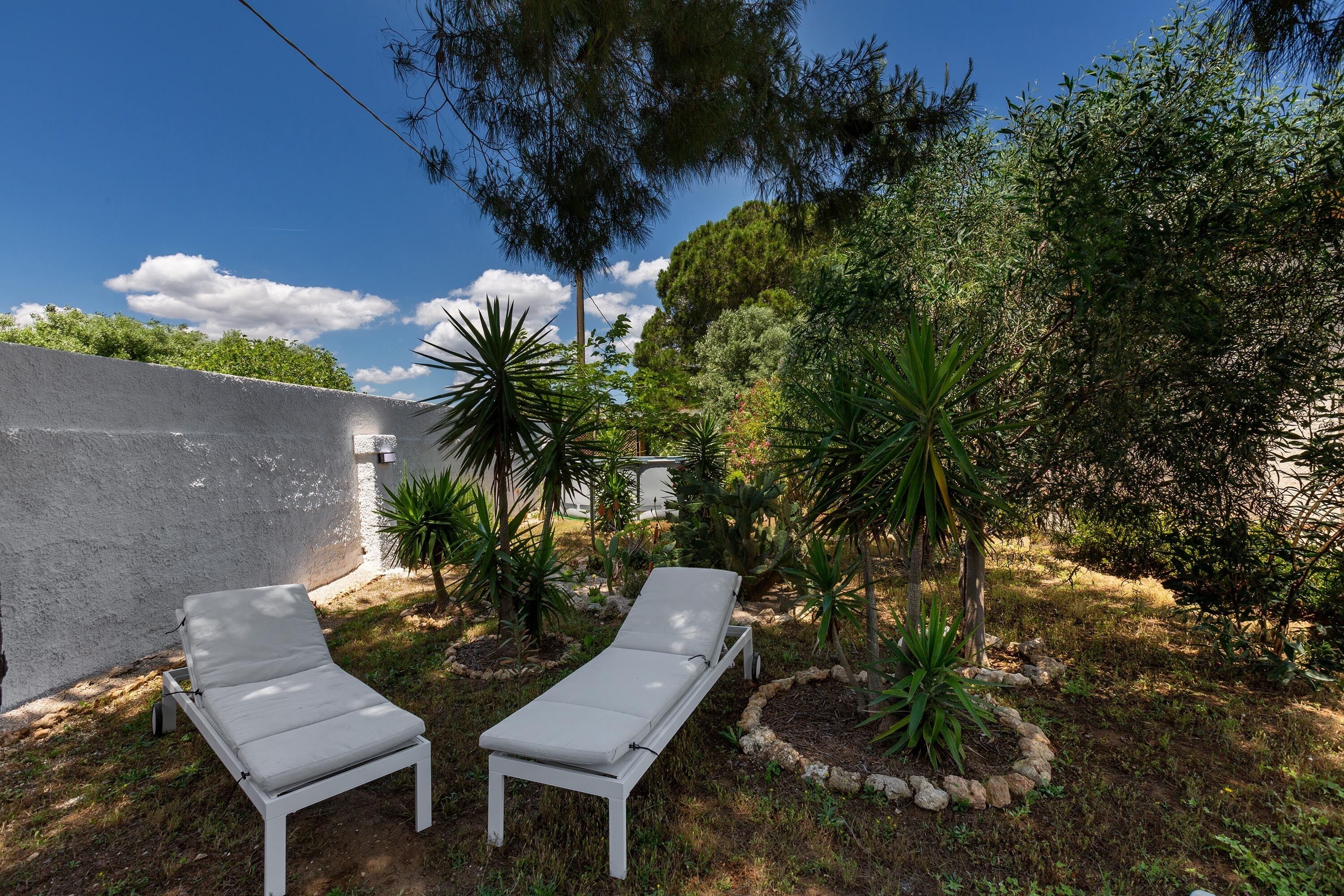 A garden with two white lounge chairs, surrounded by various plants and trees.
