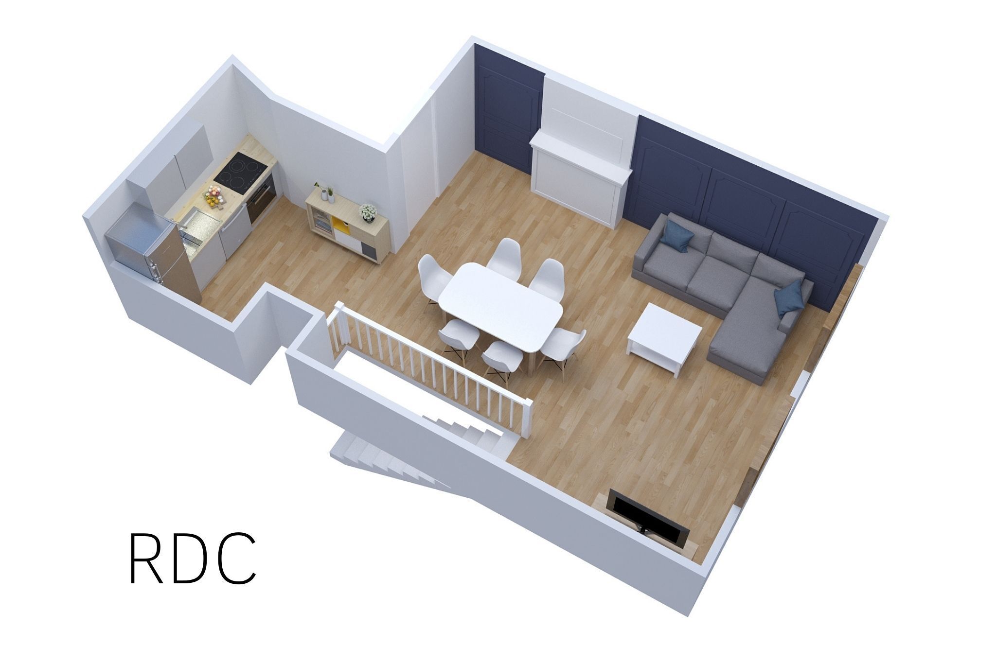 Een 3D-plattegrond van een modern appartement met keuken, eetruimte, woonkamer en balkon.