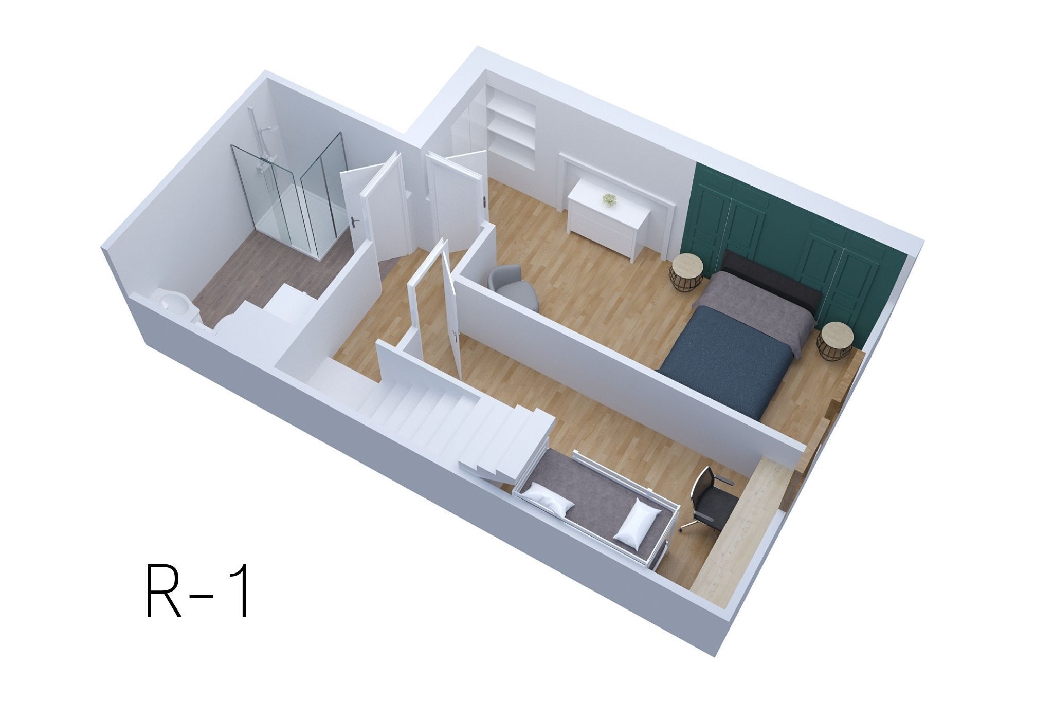 Pianta 3D di una stanza etichettata R-1, con un letto, una scrivania, una sedia, un tavolino e un armadio.