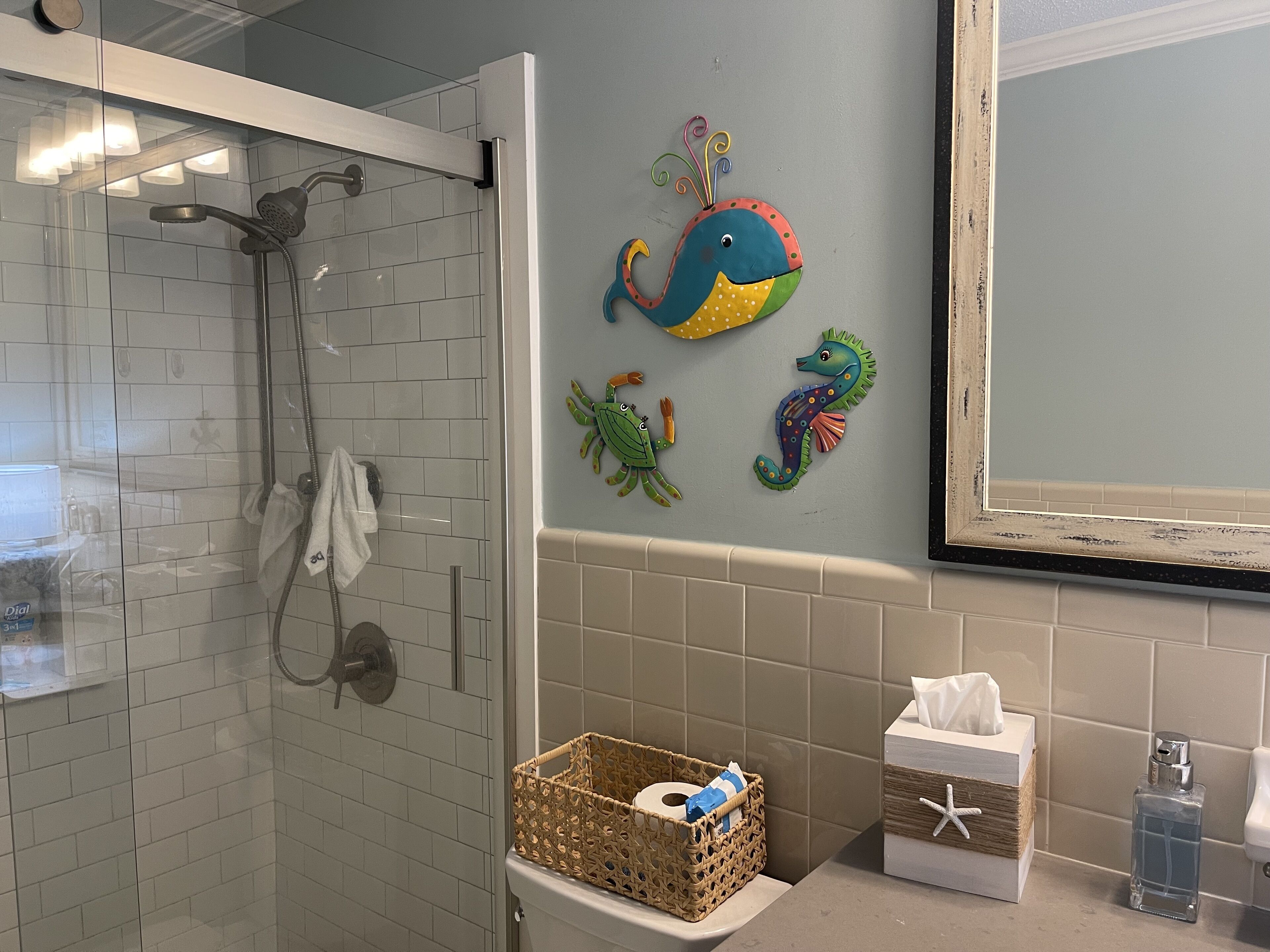 A bathroom with a glass shower enclosure, a towel rack, a wicker basket with toiletries, a tissue box, and a hand soap dispenser.