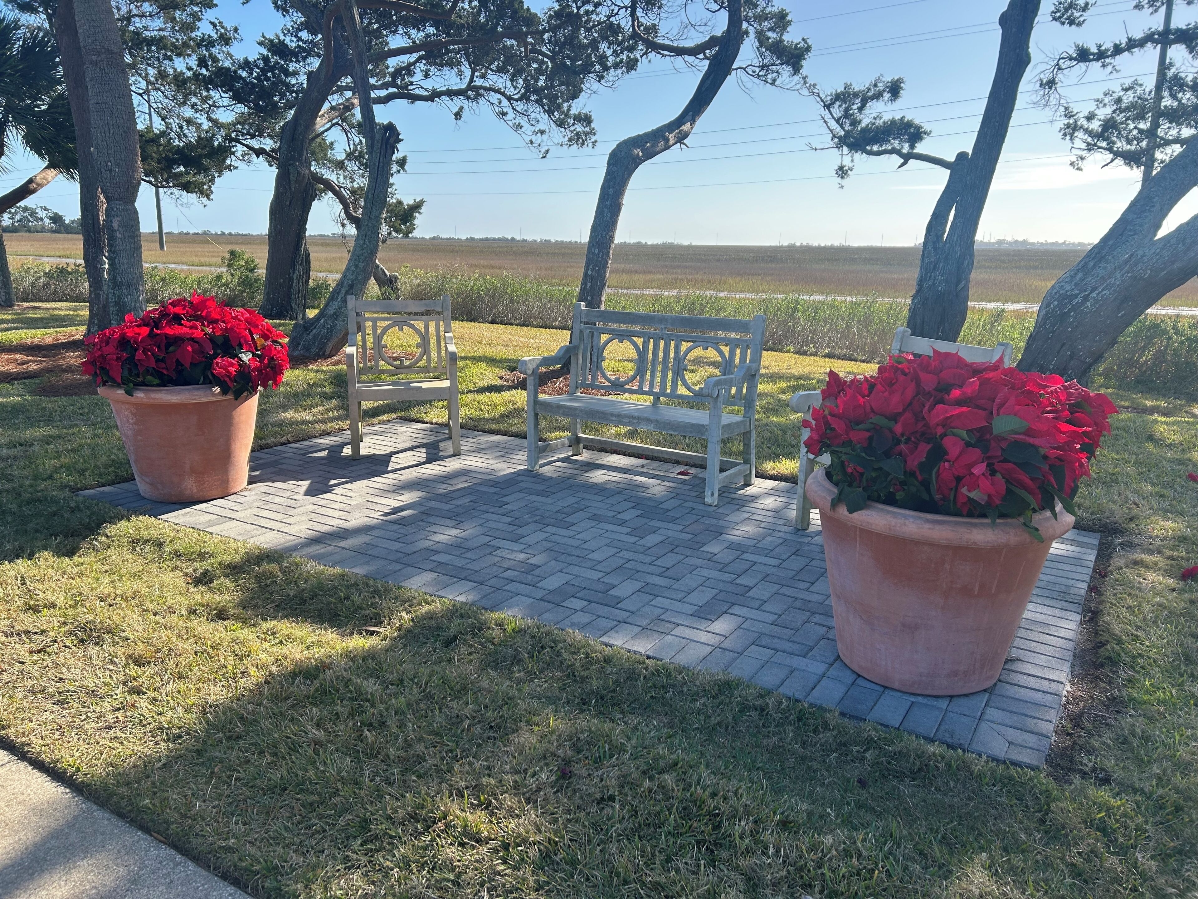 A paved outdoor area with two large terracotta pots of red flowers, a wooden bench, and trees.