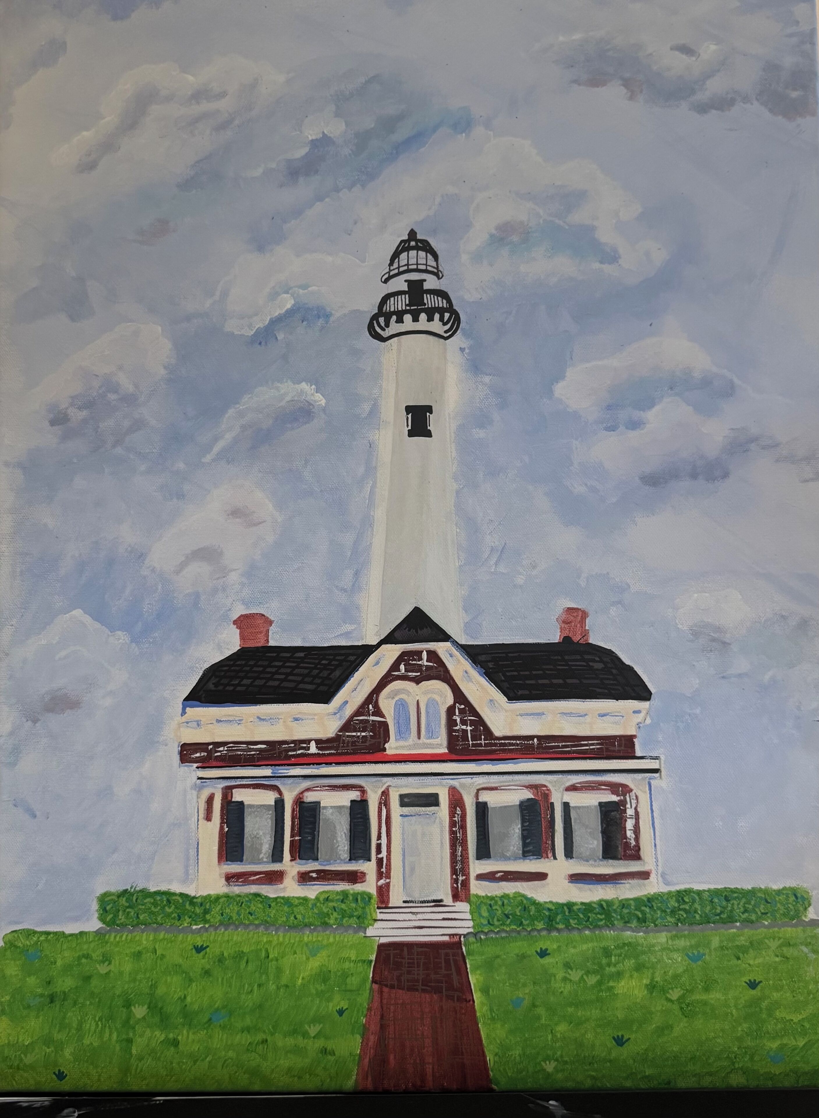 A house with a lighthouse, a front door, and a chimney.