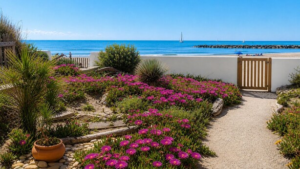 Un vialetto fiorito conduce a una spiaggia, con vista limpida sul mare.