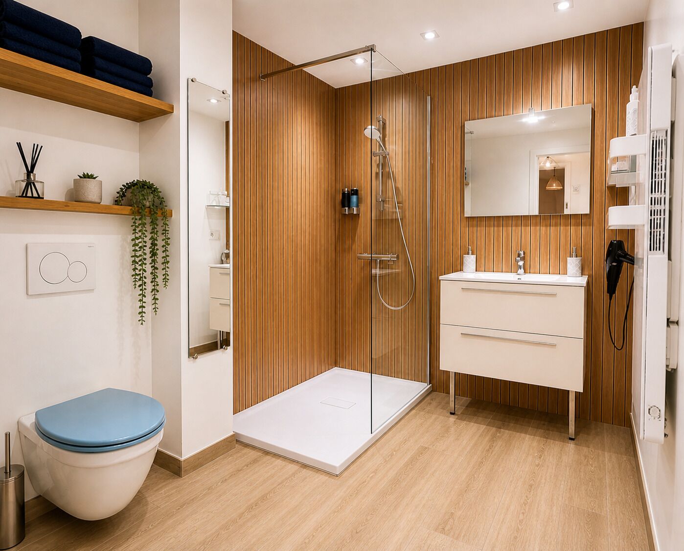Douche, articles de toilette écologiques, sèche-cheveux