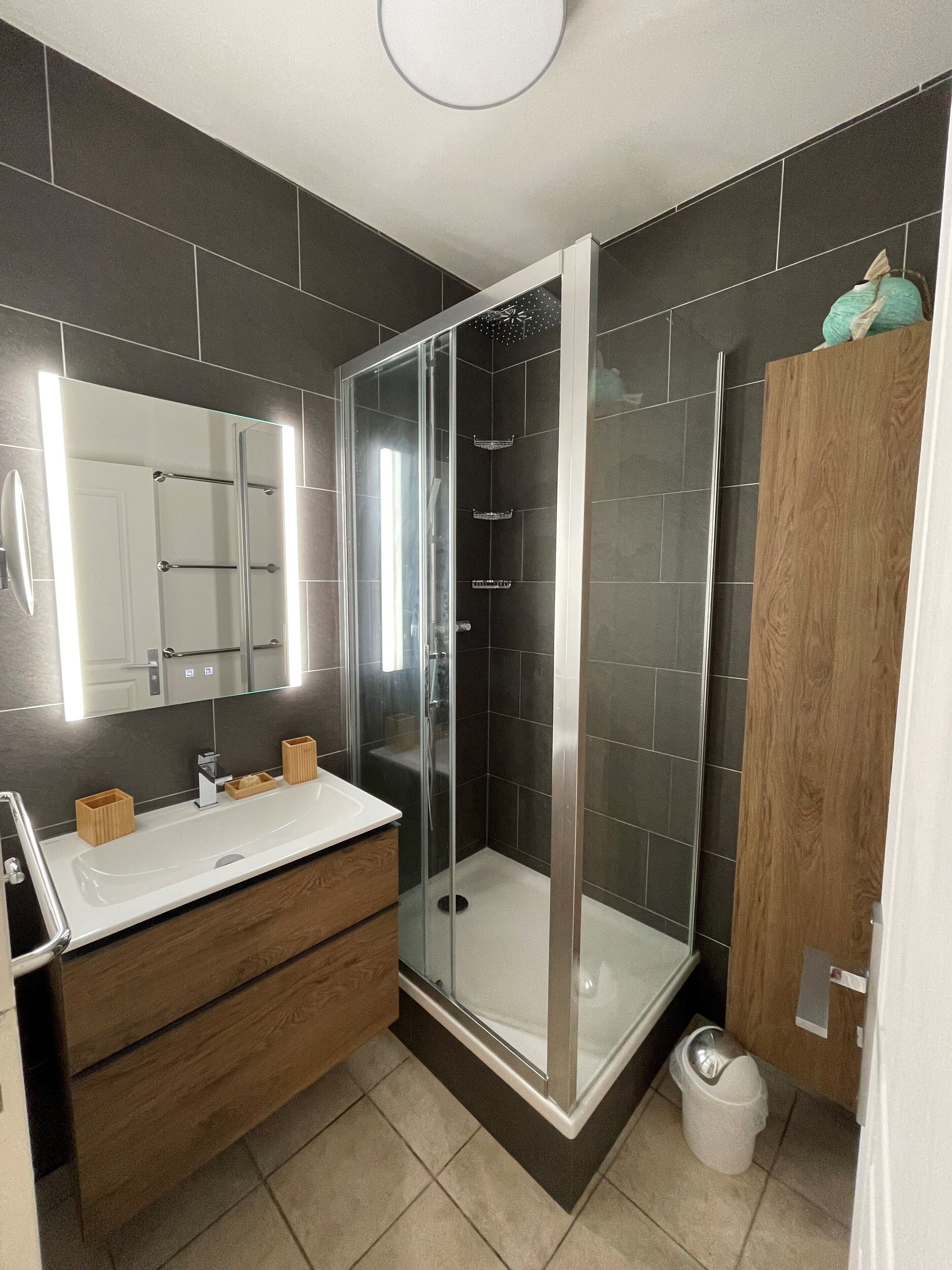 Douche, sèche-cheveux, serviettes fournies, savon