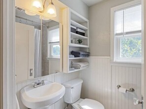 Hair dryer, towels, soap, shampoo