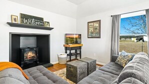 A living room with a fireplace, a sofa set, a television, and artwork on the walls. - Charming, Hill Country Small-town Suite, Centrally located. (Harper)