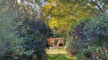 A secluded garden with a wooden structure, possibly a gazebo or outdoor seating area, surrounded by dense foliage and trees.