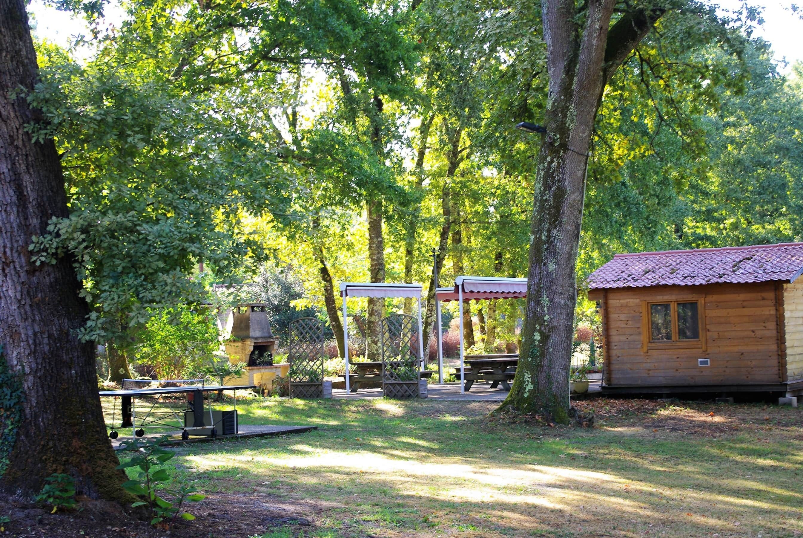 Un chalet rustique avec un toit recouvert de tuiles rouges, entouré d’arbres et doté d’un espace pique-nique avec des bancs et un barbecue.