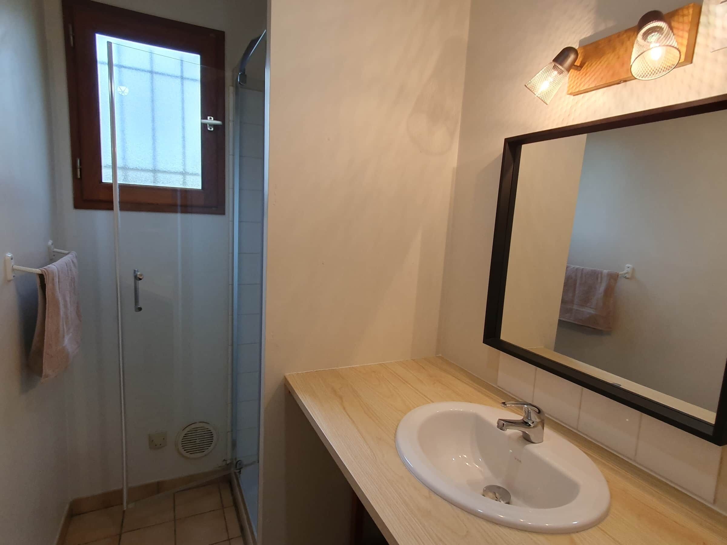 A bathroom with a glass shower door, a white sink with a modern faucet, and a large mirror with a wooden frame.