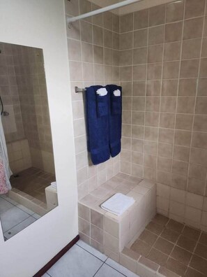 Dusche, Haartrockner, Handtücher, Toilettenpapier