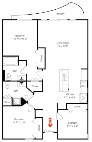A floor plan with a bedroom, living room, two bathrooms, a kitchen, and a closet.