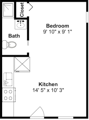 Planta baixa mostrando um quarto com dimensões de 2,97m x 2,74m, um banheiro, uma cozinha com dimensões de 4,34m x 3,05m e uma área de deck.