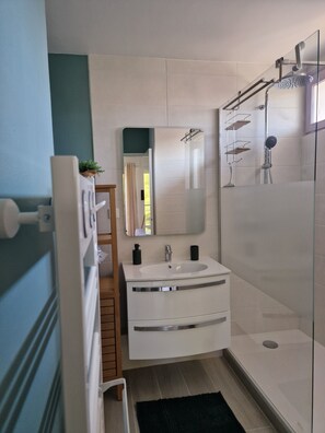 Hair dryer, towels, soap, toilet paper